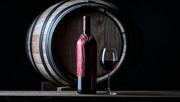 Elegant wine bottle and glass resting on rustic table with oak barrel backdrop photo