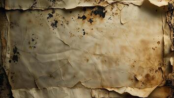 Old paper texture showing folded and stained surface with ripped edges photo