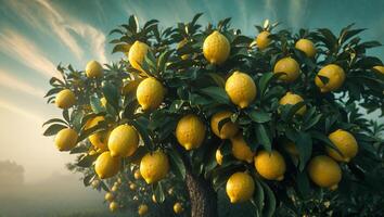Ripe yellow lemons hanging on a tree branch at sunrise in a misty orchard photo
