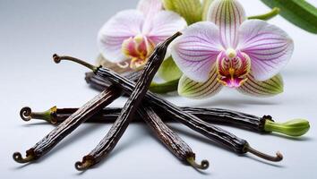 Vanilla pods and orchid flower creating a luxurious aromatic scene photo