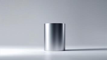 Silver metallic cylinder standing on white surface with subtle shadow photo