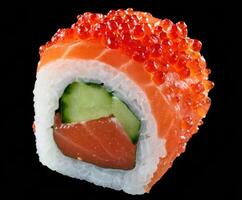 Delicious sushi roll with salmon, avocado, and caviar topping photo