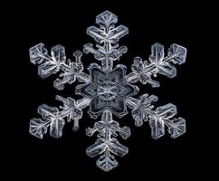 Unique snowflake with intricate crystal structure on black background photo