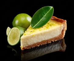 Lime cheesecake slice garnished with fresh lime and leaves photo