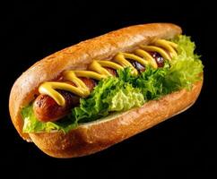 Delicious hot dog with mustard and fresh lettuce in a bun photo