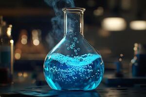 Scientific Experiment in Progress Blue Liquid Bubbling in a Flask photo