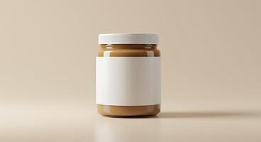 A jar of peanut butter on a beige background photo