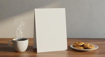 A blank white card on a table next to a cup of coffee and cookies photo