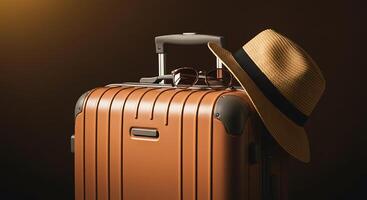 A hat and a suitcase on a dark background photo