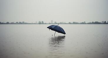 A blue umbrella floating in a flooded field photo