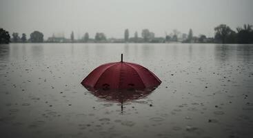 A red umbrella floating in a lake photo