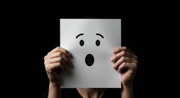A person holding up a paper with a face on it photo