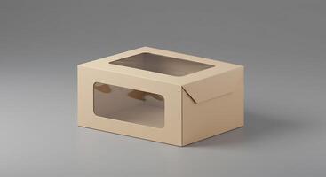 A cardboard box with a window on a gray surface photo