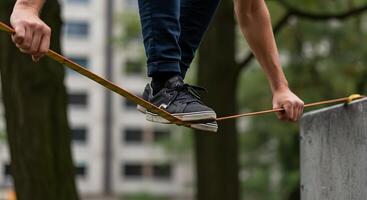 A person balancing on a rope in a park photo