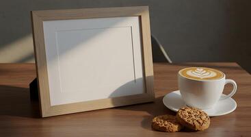 A coffee and a cookie on a wooden table with a blank frame photo