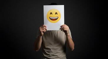 A man holding up a paper with an emoticor on it photo