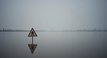 A sign is standing in the middle of a lake photo