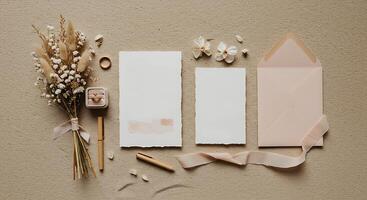 A bouquet of flowers, a note, and a pen on a beige background photo