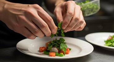 A person is cutting vegetables on a plate photo