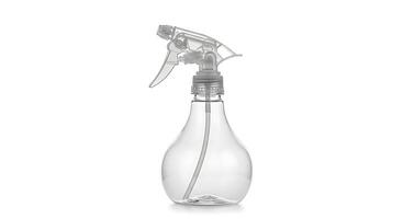 Transparent Pear-Shaped Spray Bottle on White Background photo