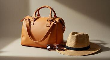 A tan handbag, sunglasses and hat are on a table photo