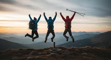 Three people jumping on top of a mountain photo