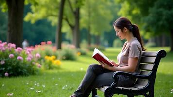 en el corazón de un floreciente parque, un mujer disfruta un tranquilo leyendo momento. el aire es lleno con el olor de Fresco flores, y el arboles proporcionar amable sombra. foto