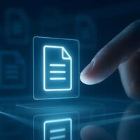 A fingertip interacts with a glowing digital file icon on a dark blue interface, representing data and technology photo