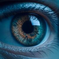 A detailed close-up shows a human eye with intricate textures and colors in the iris and reflected light photo