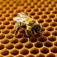 A close-up view of a bee standing on a detailed hexagonal honeycomb structure photo
