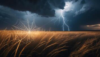 Spiderweb Over Grass Field During a Thunderstorm photo