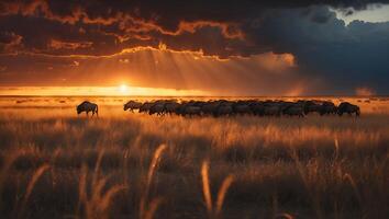 Wildebeest Migration at Sunrise on African Savanna photo