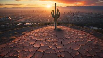 Cactus on Cracked Earth with Cityscape Sunset photo