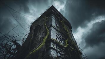 Stone Tower Overgrown with Moss Under a Dark Cloudy Sky photo