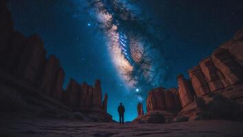 Man Under Night Sky and Stars in Desert Landscape photo