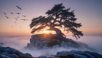 Tree on Rock with Birds in Sky at Sunset photo