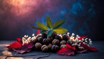 Pile of Nuts with Leaves and Flowers on Surface photo
