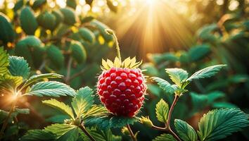 Bright Raspberry on Plant with Green Leaves in Sunlight photo