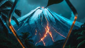 Erupting Volcano with Snow Capped Peak and Lava Flows photo