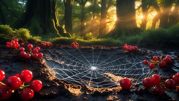 Cobweb with Red Berries in Forest photo