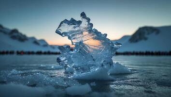 Ice Formation on Frozen Lake at Dusk photo
