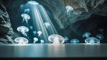 Jellyfish Swarm in Underwater Cave with Sun Rays photo