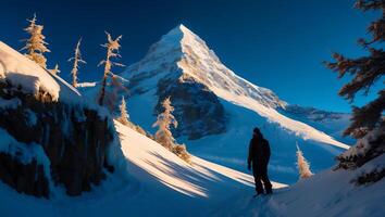 Snowy Mountain Landscape with Person Walking on Trail photo