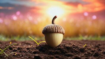 Acorn Seedling Emerging From Soil at Sunset photo