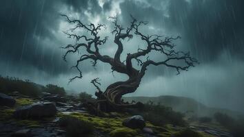 Bare Tree in the Rain on a Mossy Hill photo
