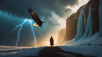 Eagle Flying Over Snow Landscape with Person and Lightning photo