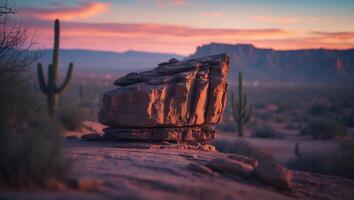 Rock Formation in Desert Landscape at Sunset photo