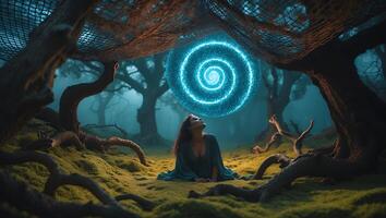 Woman Looking at Spiral of Light in Misty Forest photo
