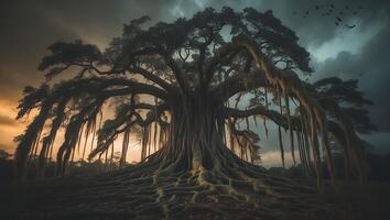 Spooky Banyan Tree with Aerial Roots and Dramatic Sky photo