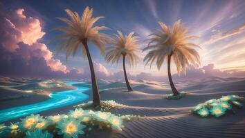 Palm Trees on Desert Landscape with River and Flowers photo